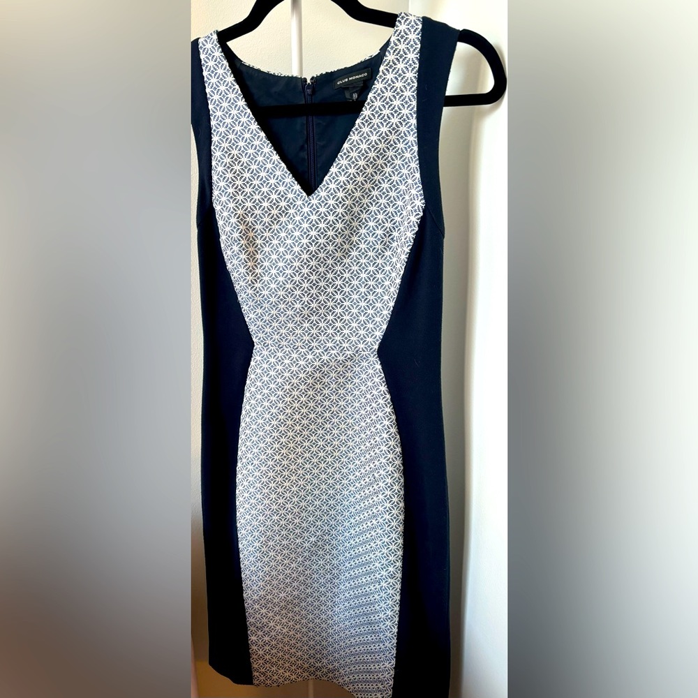 club monaco navy white jacquard shift dress / size 0